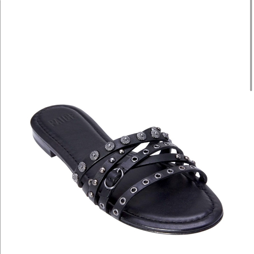 NEW Paige Black Leather Dylan Flat Slides Sandals with Buckle, Studs & Grommets